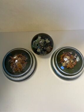 Set of 3 Vintage Floral Glass and Lucite Paperweights Olive Green & Amber